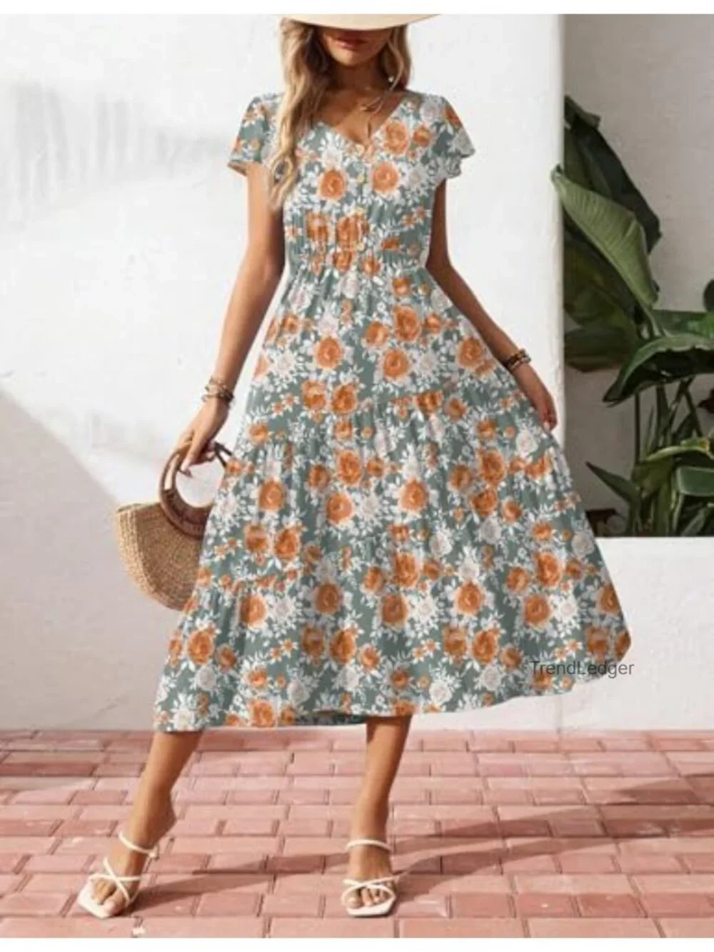 Women's Flutter Short Sleeve V-Neck Tiered Swing Dress with Pockets